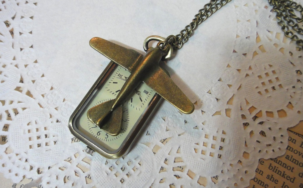 Let's Go Travel - Retro Bronze Travel Dual Time Necklace Pocket Watch - Plane Pocket Watch Necklace