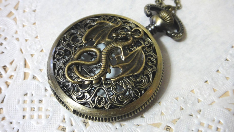 Retro Dragon Brass Pocket Watch Round Copper Necklace Pendant Jewelry Vintage Victorian Style