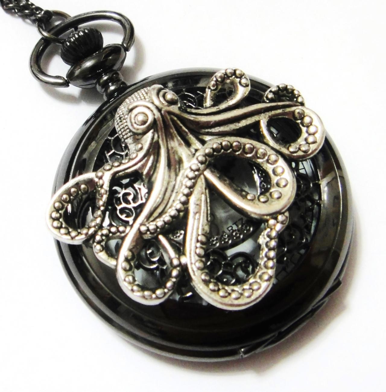 Octopus Large Steampunk Jet Black Pocket Watch Necklace
