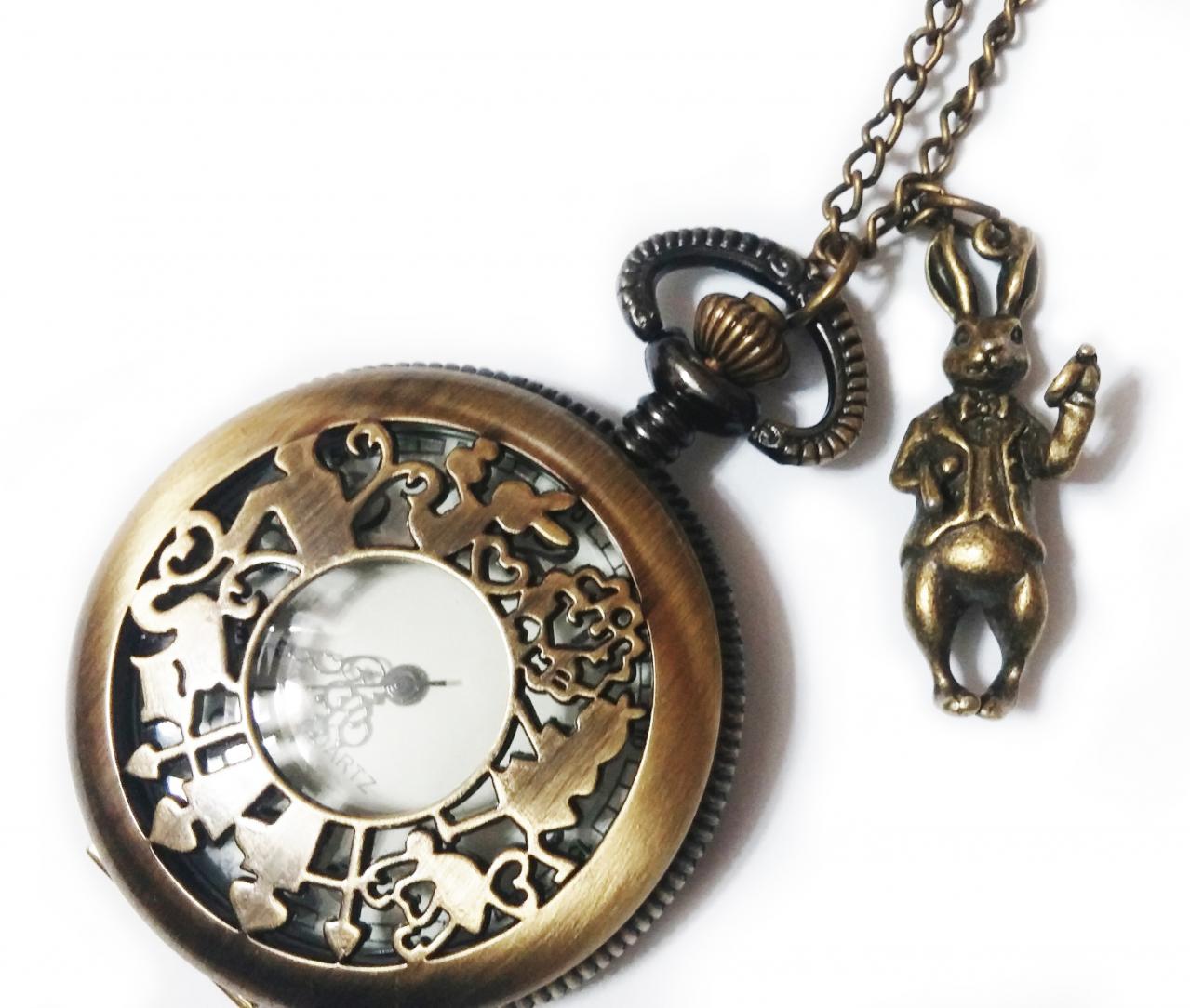Alice In Wonderland Pocket Watch Necklace Chain - Vintage Style Mr Rabbit Pendant - Steampunk Alice White Rabbit Charm Pocketwatch